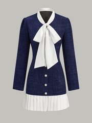 Pleated Hem Bow Neckline Tweed Mini Dress