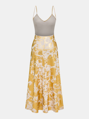Metallic Print V-Neck Backless Slip Long Dress