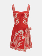 Floral Bird Print Wrap Tie Mini Dress