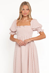 Siun Short Sleeve Midi Dress - Brown Gingham