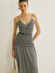 Shirred V-Neck Sleeveless Pleated Dress