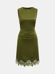 Satin Lace Hem Ruched Sleeveless Mini Dress