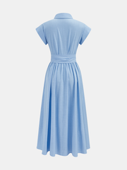 Cotton Belted Short Sleeve Midi Shirt Dress
