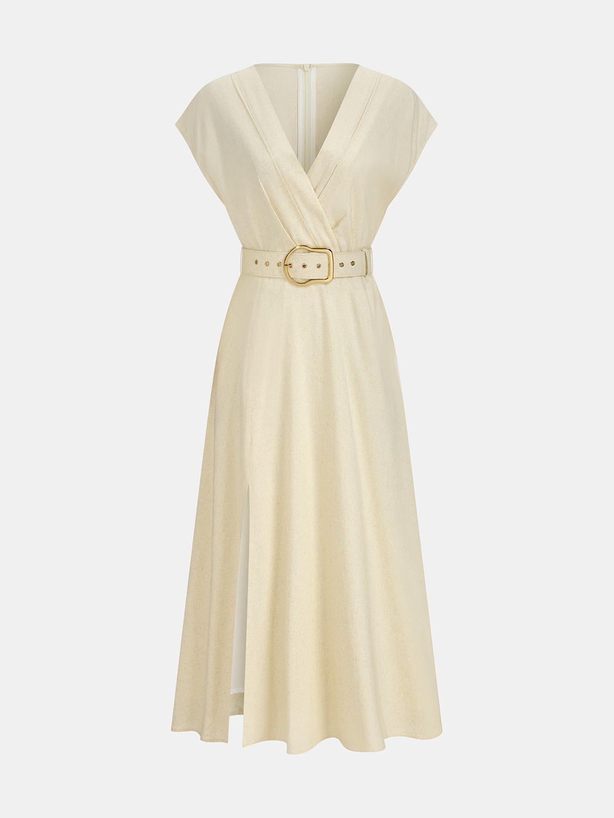 Linen Blend V-Neck Belted Maxi Dress