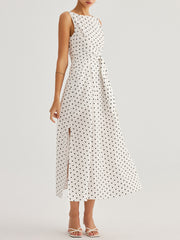 Polka Dot Tie Waist Cotton Linen Maxi Dress