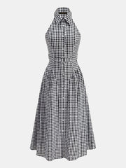 Gingham Collared Halter Belted Midi Dress