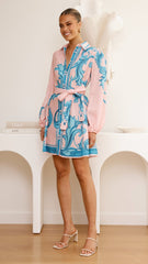 Lucia Long Sleeve Mini Dress - Aqua/Pink Print